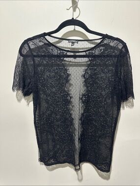 Express Black Sheer Lace Short Sleeve Top